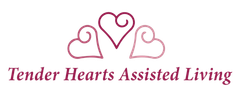 The logo for tender hearts assisted living has three hearts on it.