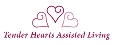 The logo for tender hearts assisted living has three hearts on it.