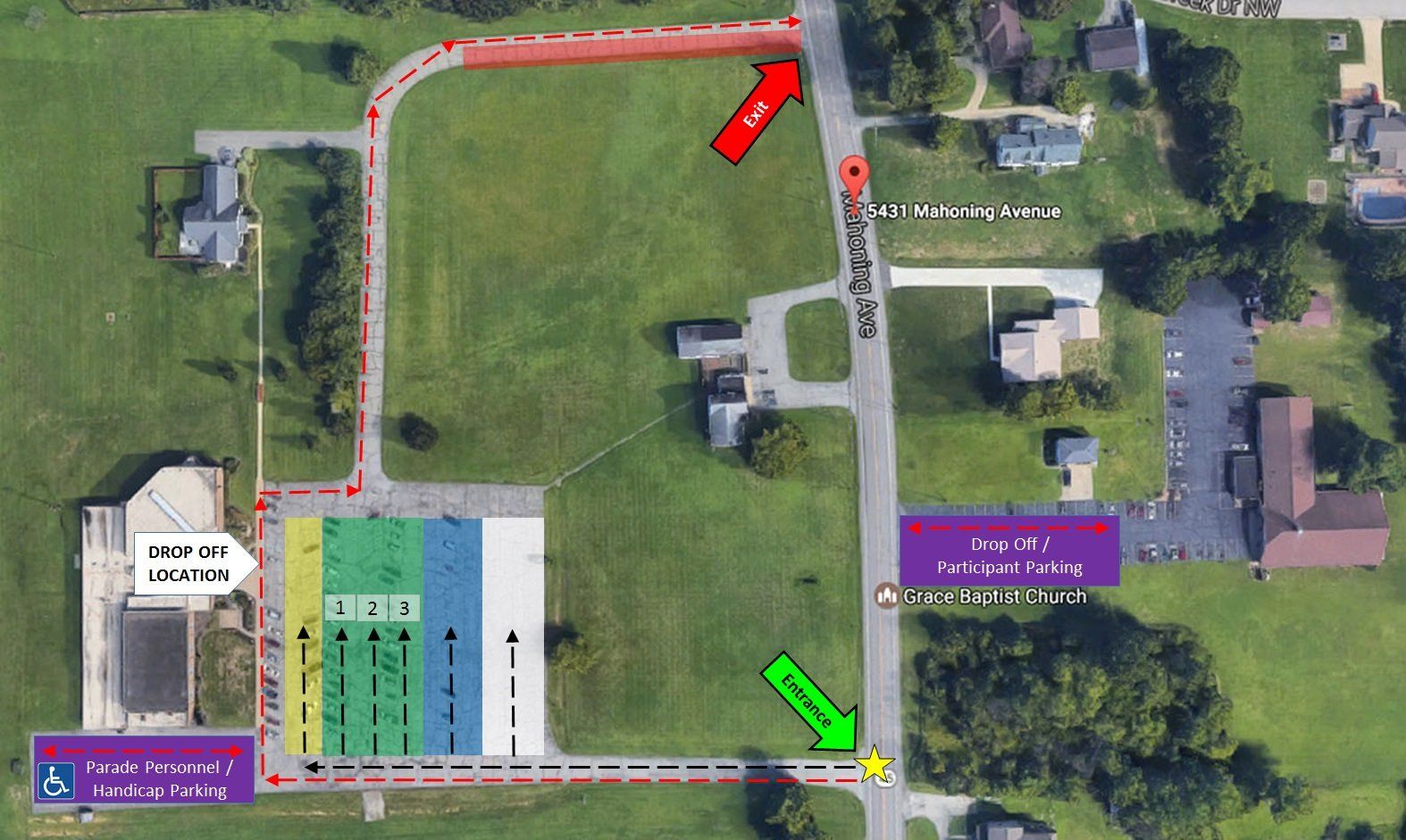 DROP OFF STUDENT PARTICIPANTS • ENTERsouth drive at St. William Church 5431 Mahoning Avenue • Drop of no later than 8:30 a.m. remain in OUTSIDE LANE (THIN RED LINE) to drop off • Drive all the way around the lot to the DROP OFF LOCATION (YELLOW ZONE) in front of church doors • NO ONE WILL BE PERMITTED TO PARK IN THE DROP OFF LANE; ONLY STUDENTS RIDING FLOATS MAY EXIT THE VEHICLE IN THE DROP OFF LANE • For safety purposes please exit the passenger side of the car •EXITout the north drive of St. William