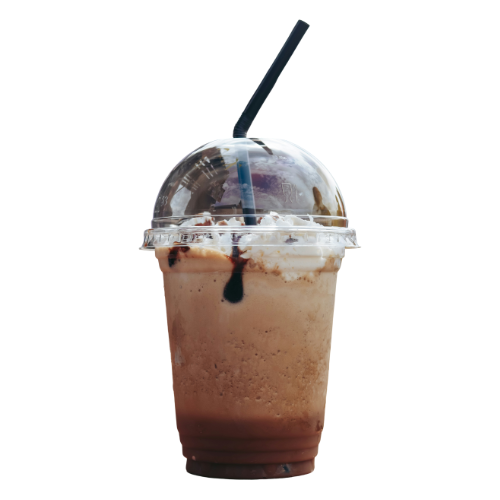 Iced coffee drink with whipped cream and chocolate drizzle, in a clear plastic cup with a dome lid and black straw.