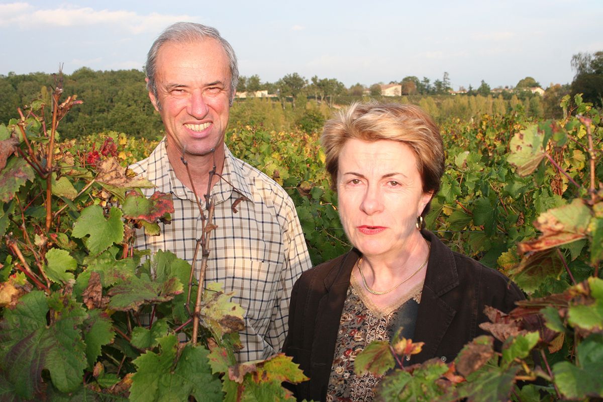 Un homme et une femme se tiennent dans un vignoble.