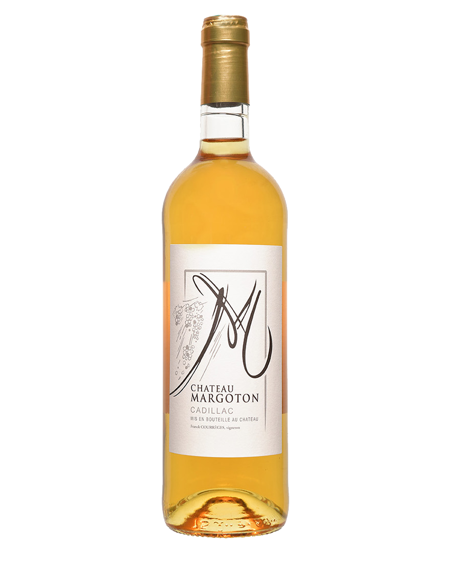 Une bouteille de vin avec une étiquette blanche et un bouchon doré sur fond blanc.
