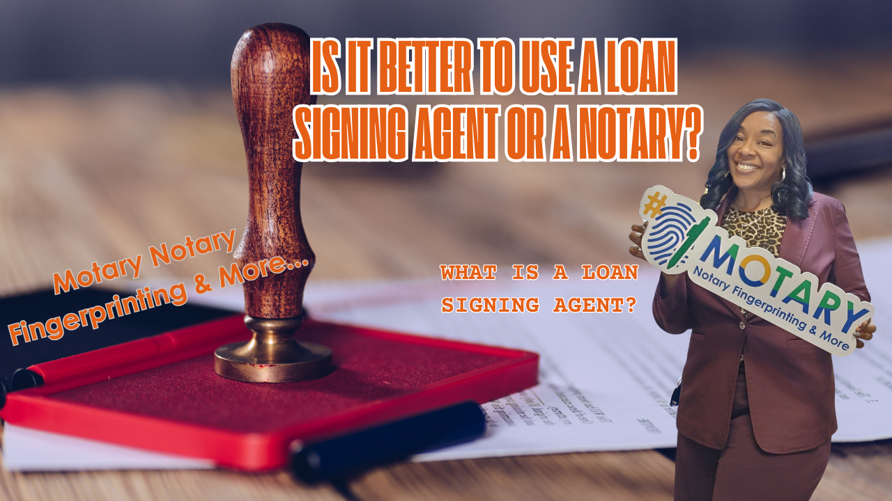 A woman is holding a sign that says ' is it better to use a loan signing agent or notary ? '