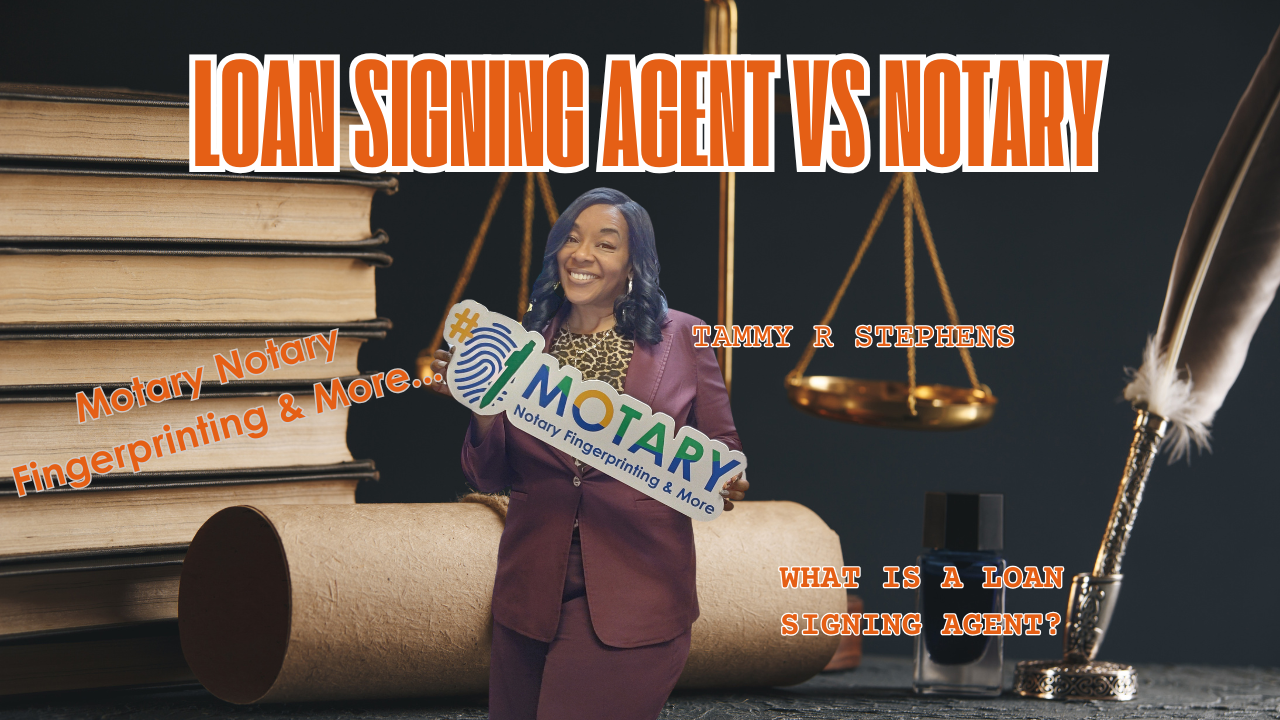 A woman is holding a sign that says loan signing agent vs notary