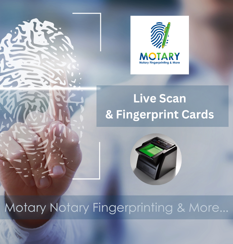 A poster for motary notary fingerprinting and more
