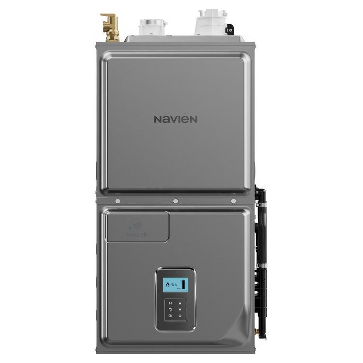 HVAC unit against a concrete wall. Silver ductwork surrounds it. The unit is gray and has labels.