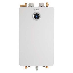 White Bosch tankless water heater with brass fittings and a digital display.