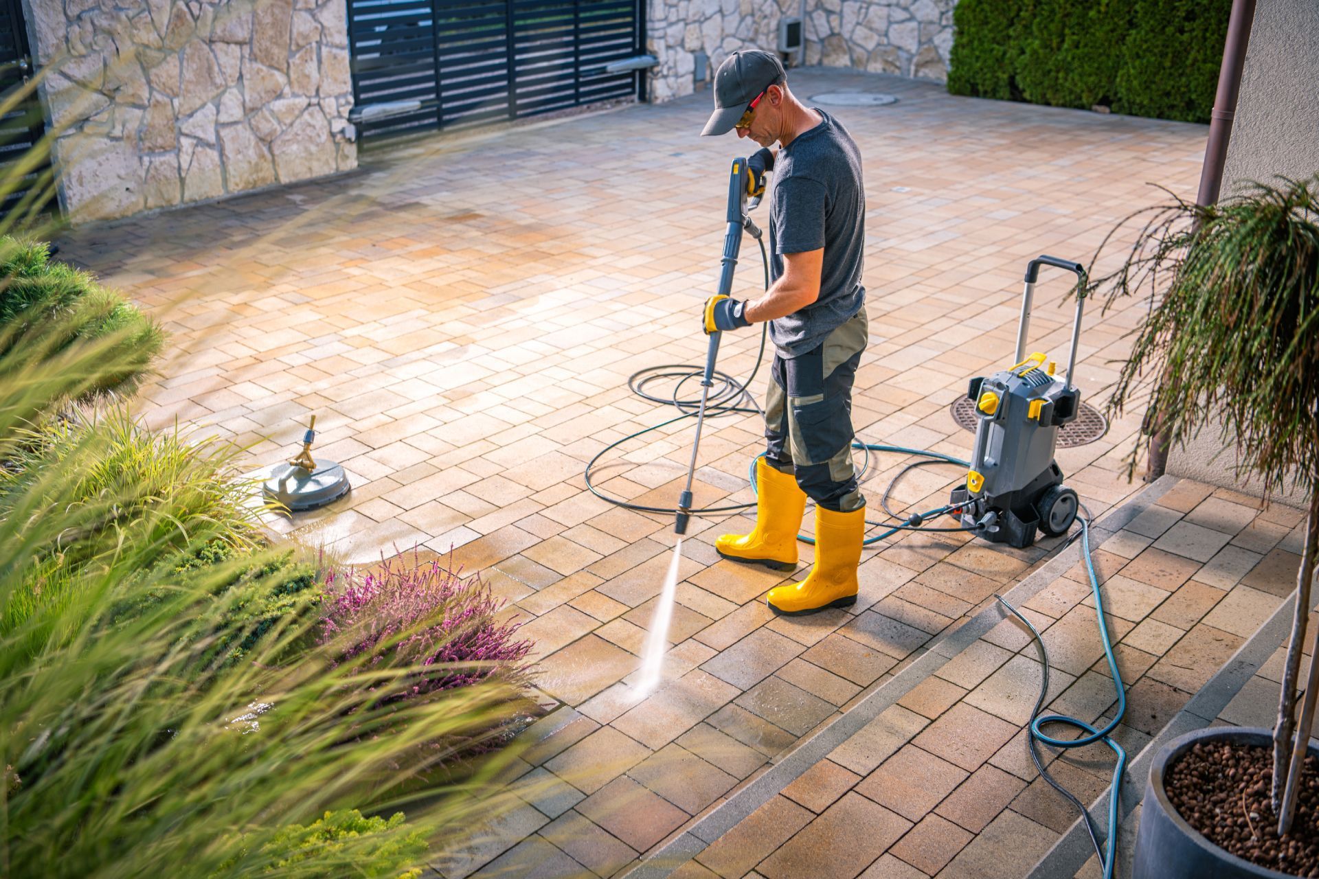 Worker pressure washing a brick patio with yellow boots and a hose reel nearby