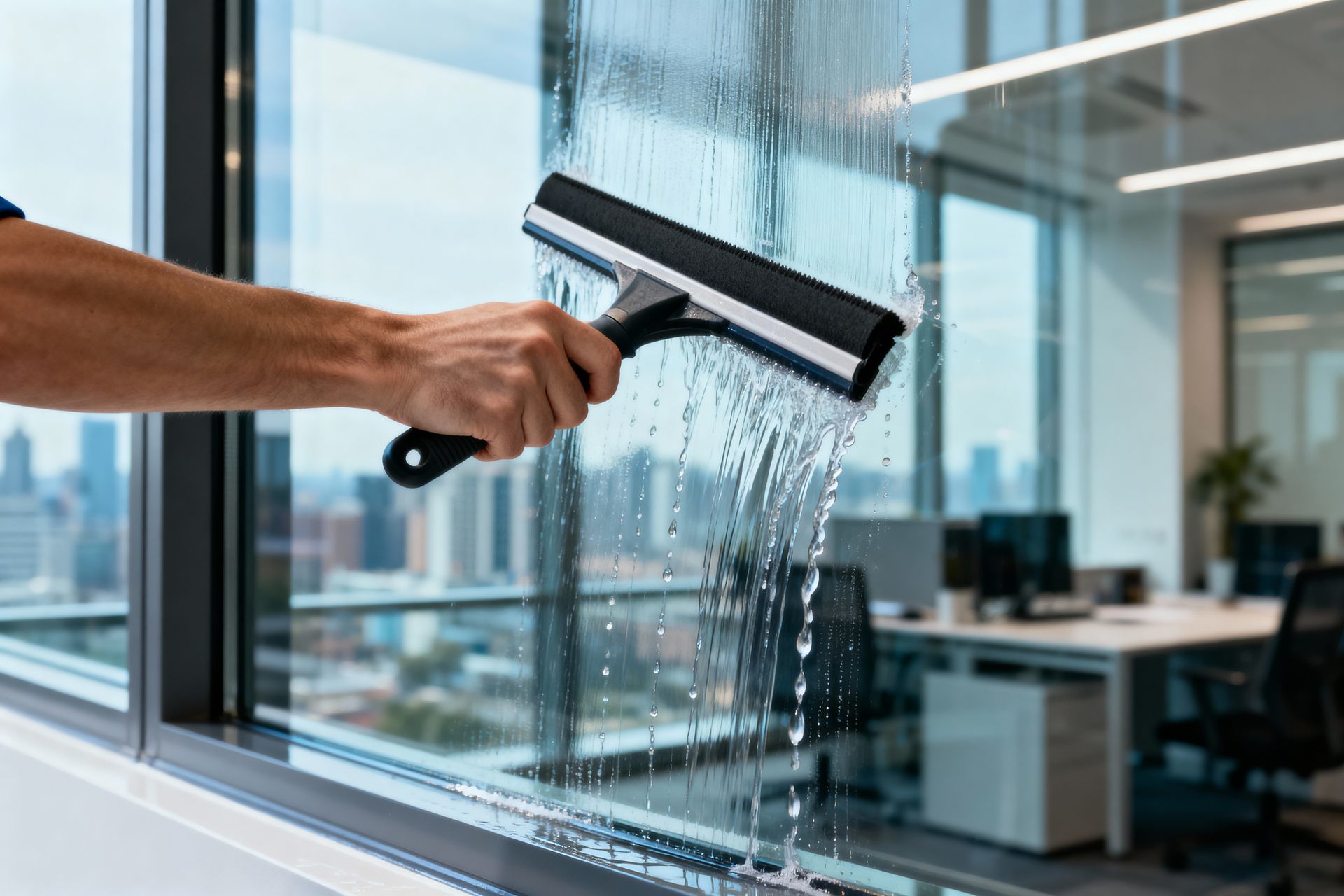 Hand cleaning a glass office window with a squeegee, water streaking down the pane