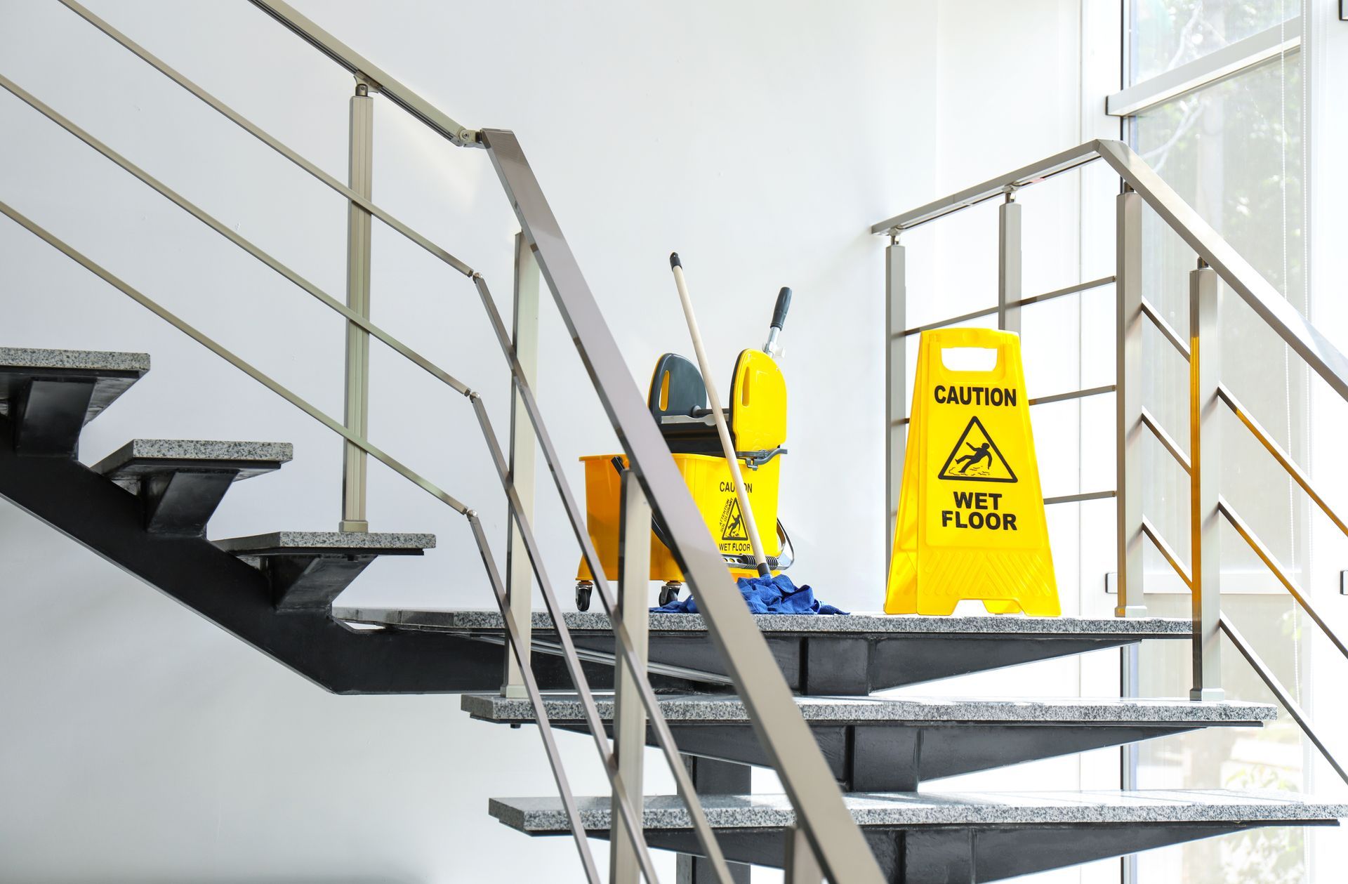 Stairwell with metal railings and yellow caution wet floor sign near a mop bucket