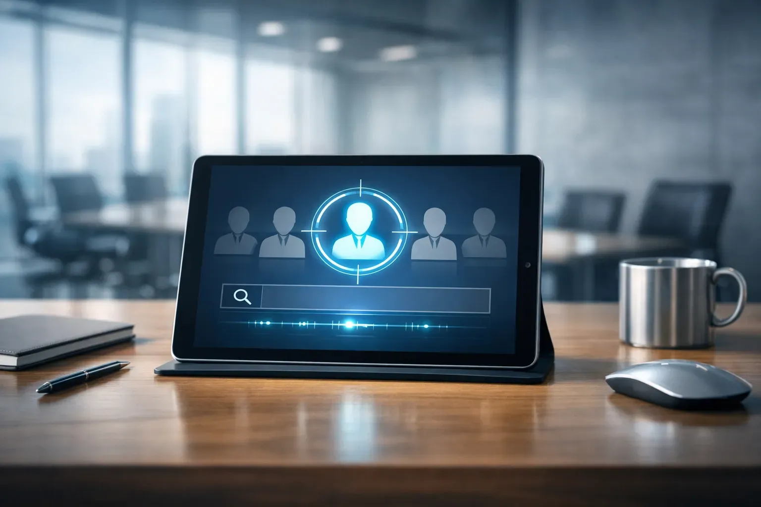 A tablet on an office desk displaying a lead qualification interface with a target icon over a customer profile.