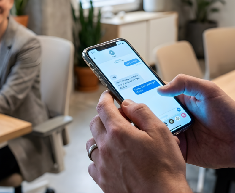 Close-up of a professional in a meeting using a missed call text back service on their smartphone to maintain seamless client communication.