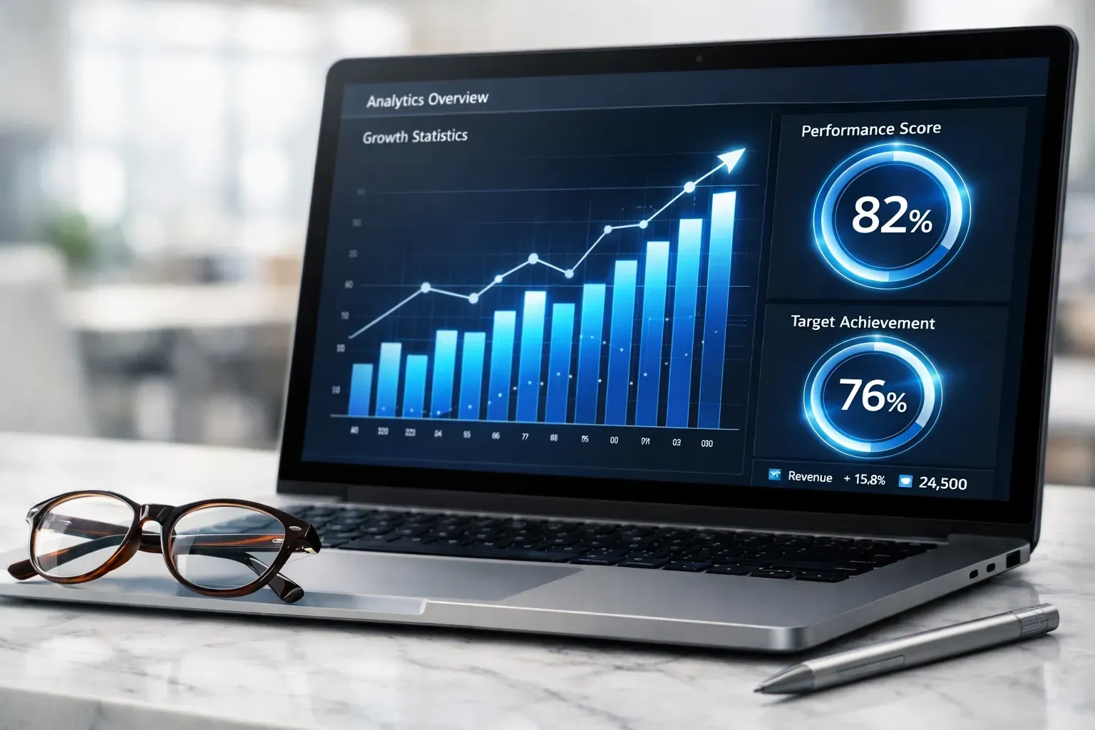 Digital marketing analytics dashboard on a laptop screen showing growth statistics, performance scores, and revenue increases.