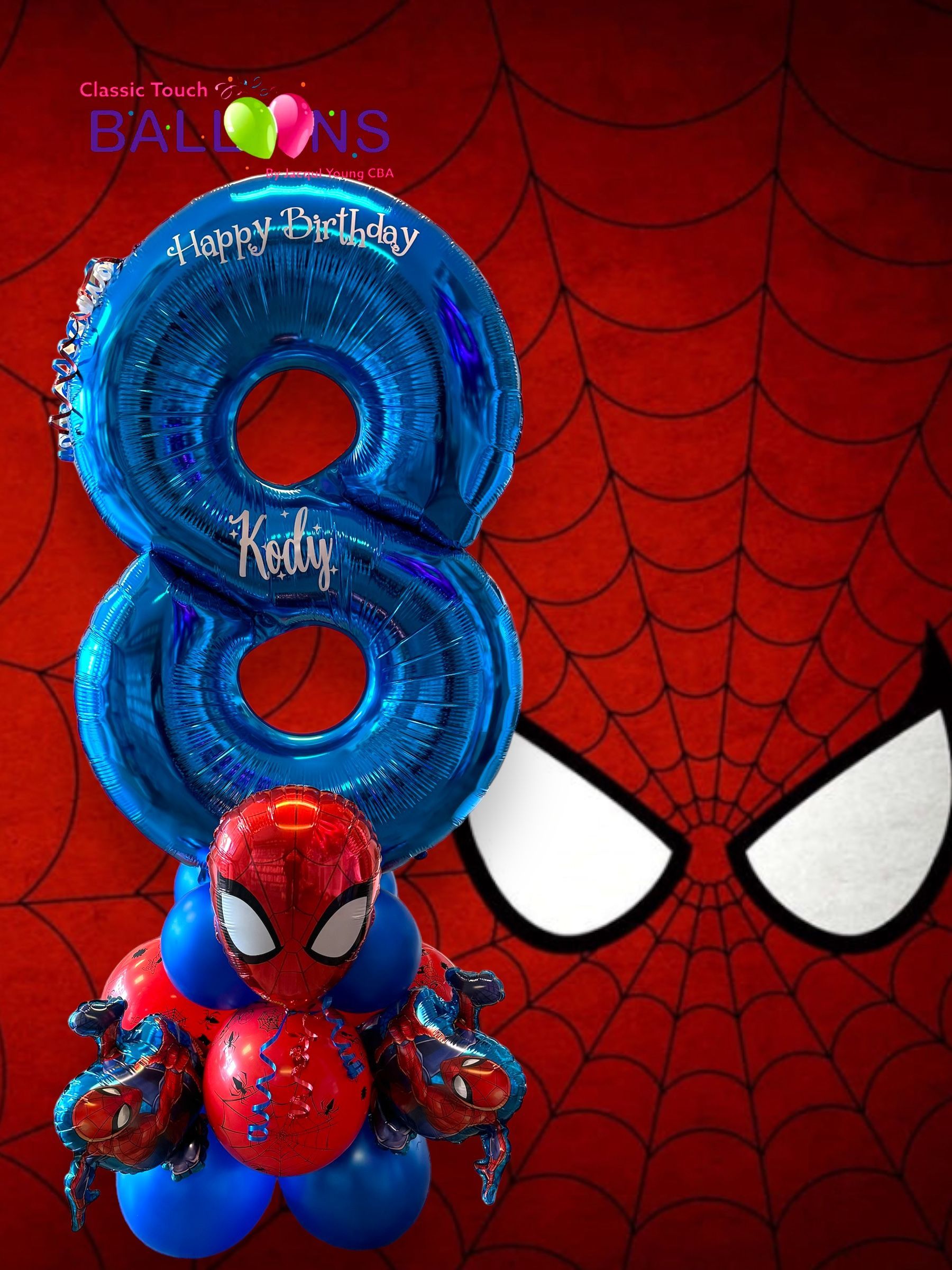 Number balloon stack with a Spiderman theme