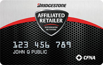 A bridgestone affiliated retailer card with a shield on it.