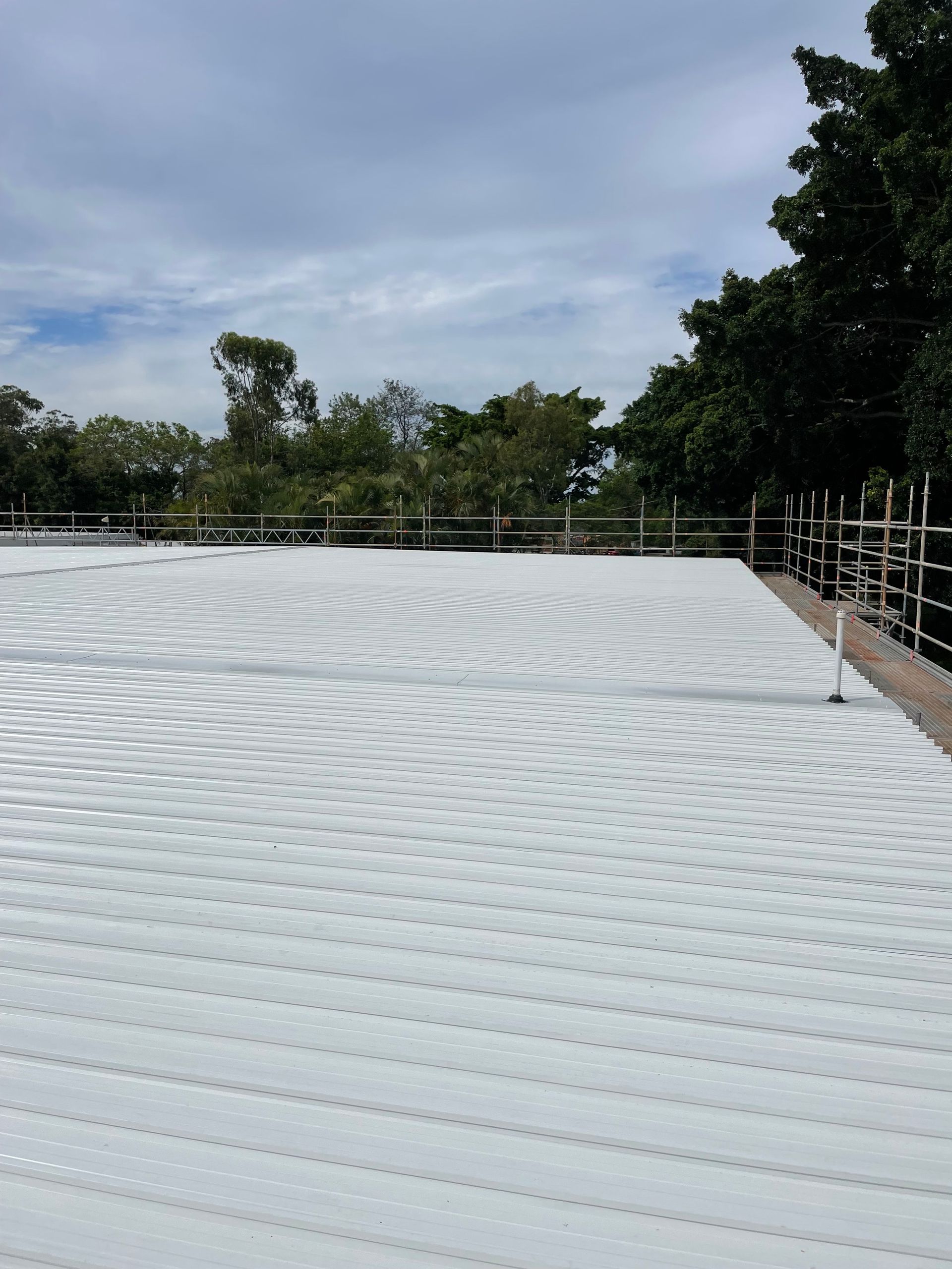A large white roof with trees in the background — Kimick Roofing Solutions In Wyong, NSW