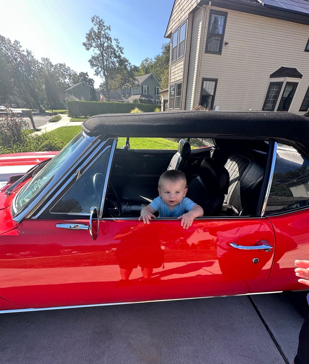 a little boy looks out the window of a red car