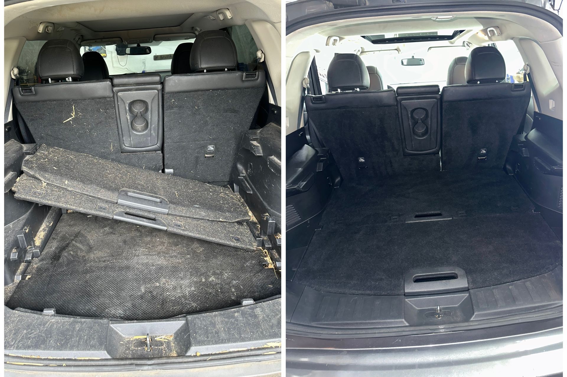 a before and after photo of the trunk of a car