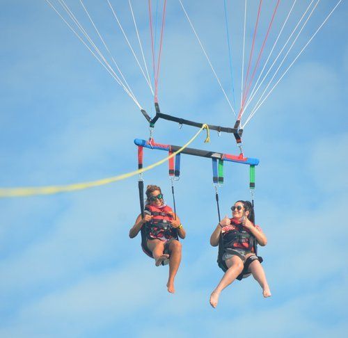 far view of two people parasailing