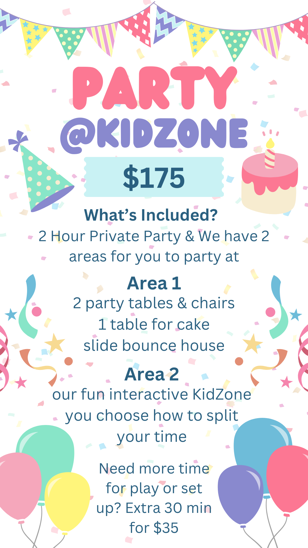 A poster for a party @ kidzone that says `` what 's included ? ''
