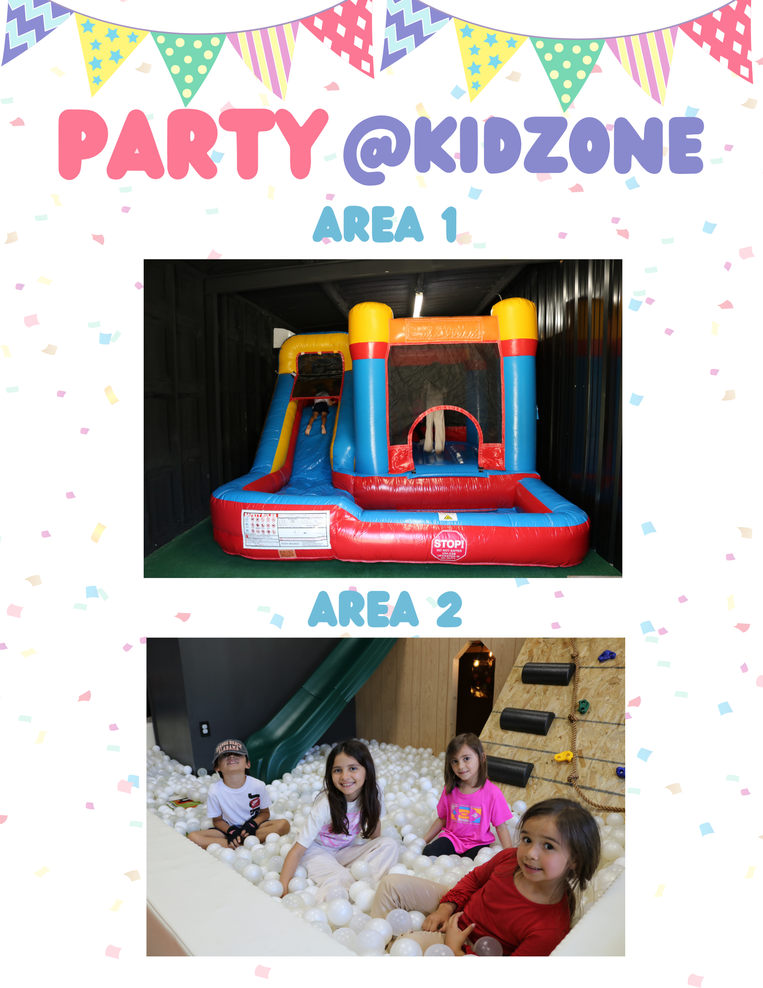A poster for a party @ kidzone area 1 and area 2.