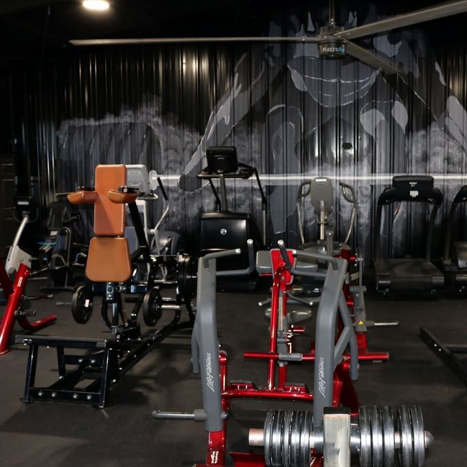 A gym with a large mural on the wall