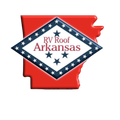 RV Roof Arkansas logo on red Arkansas state outline. White diamond with blue stars and text.