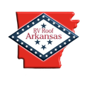 RV Roof Arkansas logo on red Arkansas state outline. White diamond with blue stars and text.