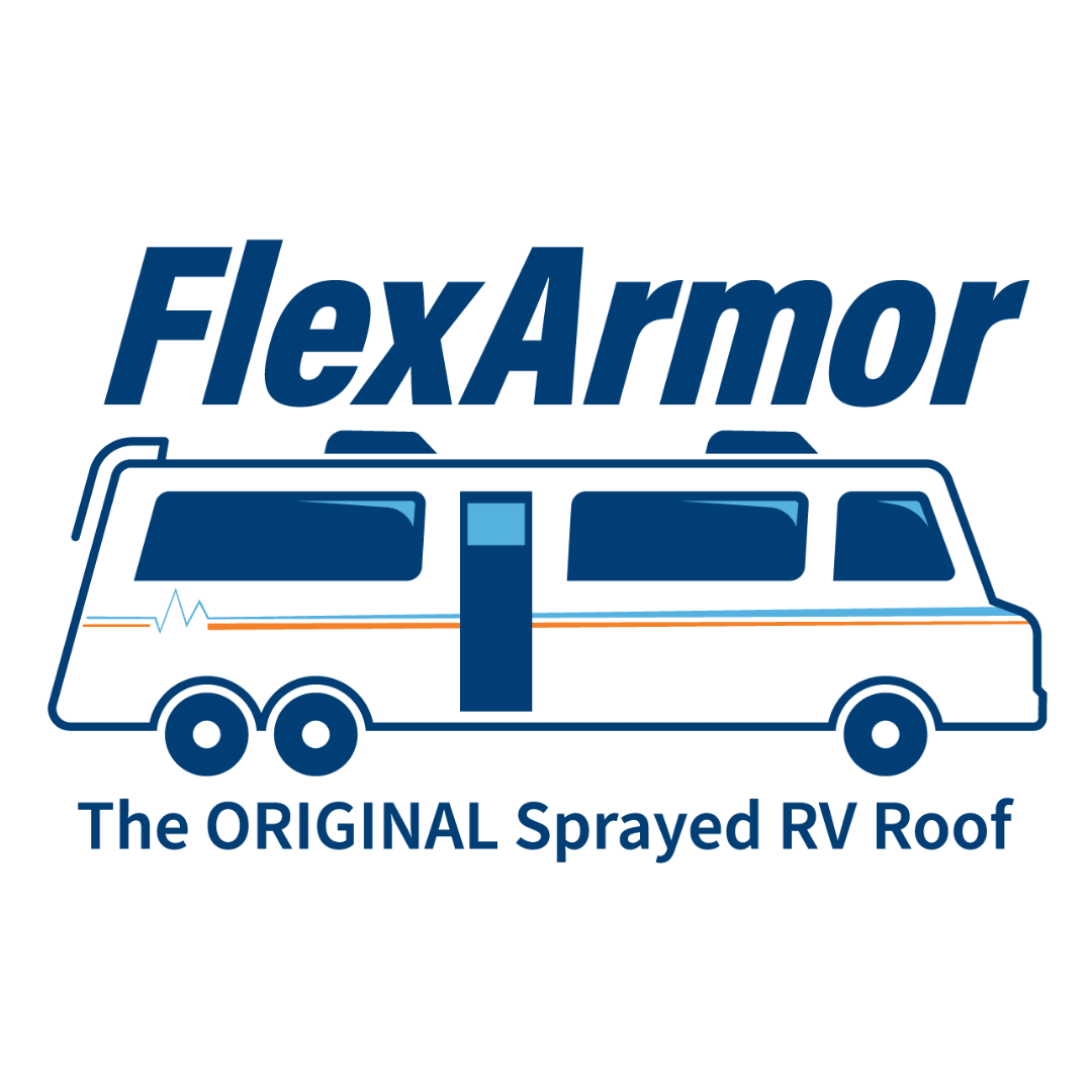 Logo for FlexArmor, the original sprayed RV roof, featuring a white RV with blue windows and the company name in blue text.