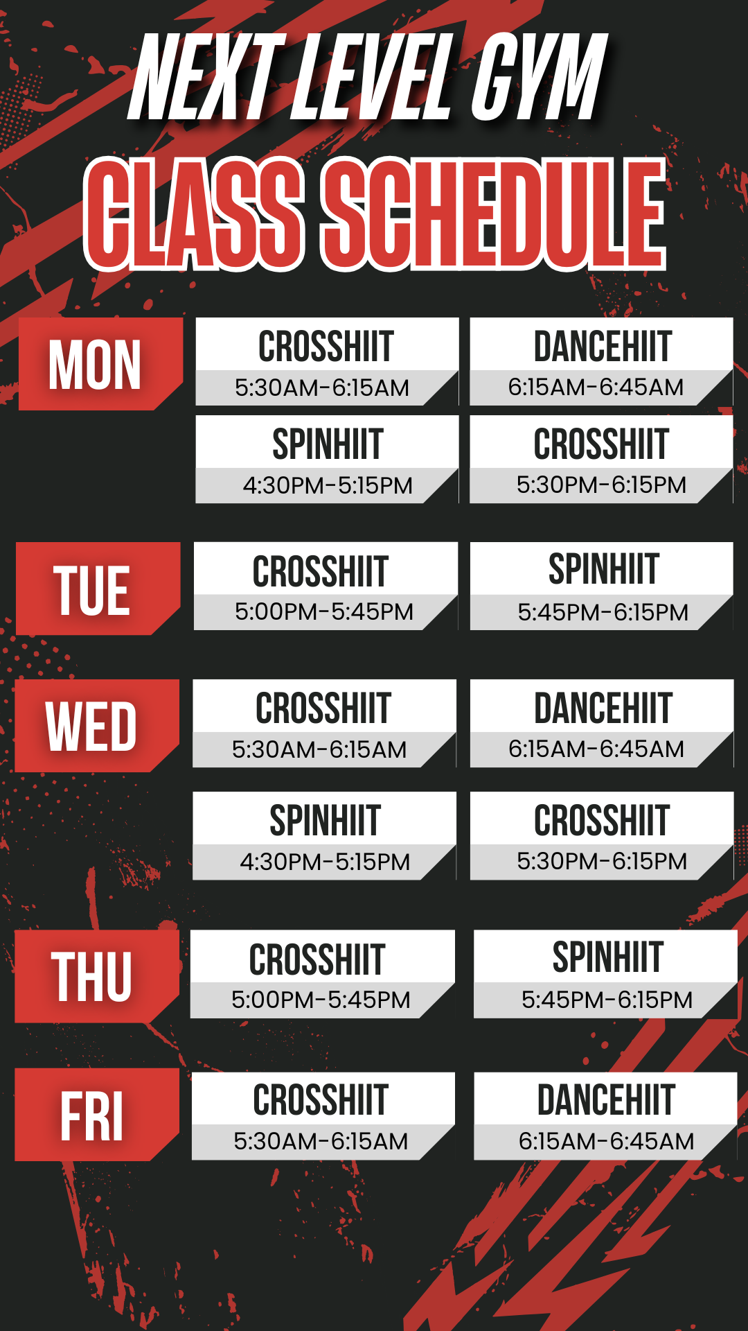 It is a class schedule for a gym.