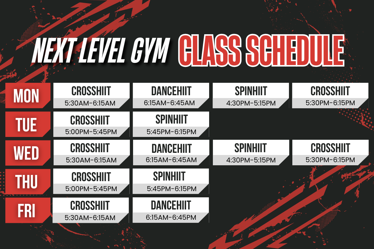 A next level gym class schedule is shown on a black background.