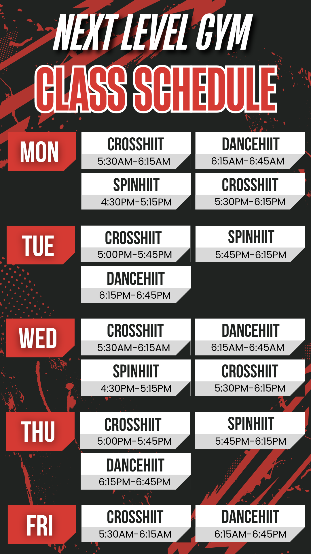 A poster of a next level gym class schedule.