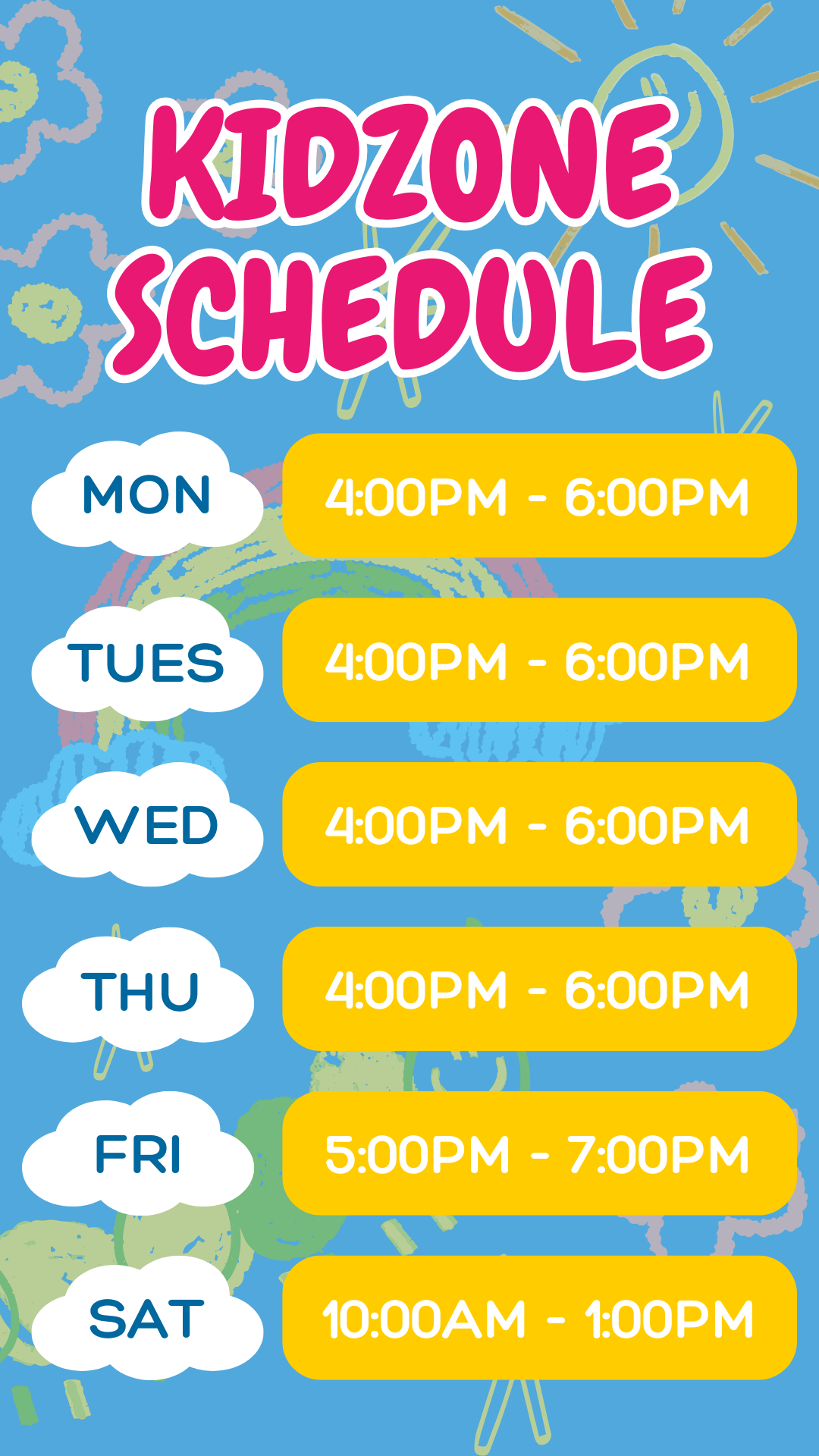 A blue poster with a kidzone schedule on it.