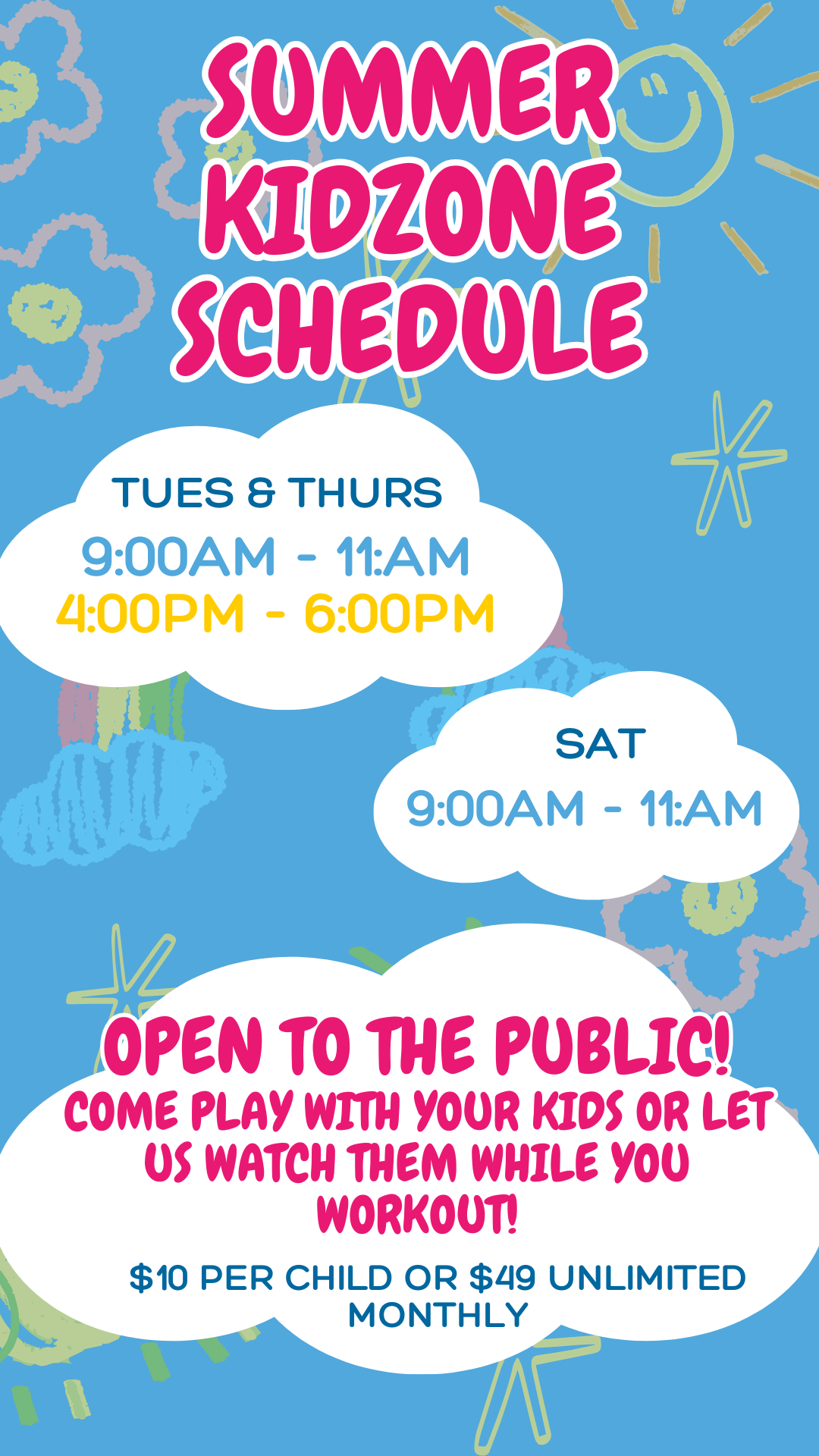 A blue poster with a kidzone schedule on it.