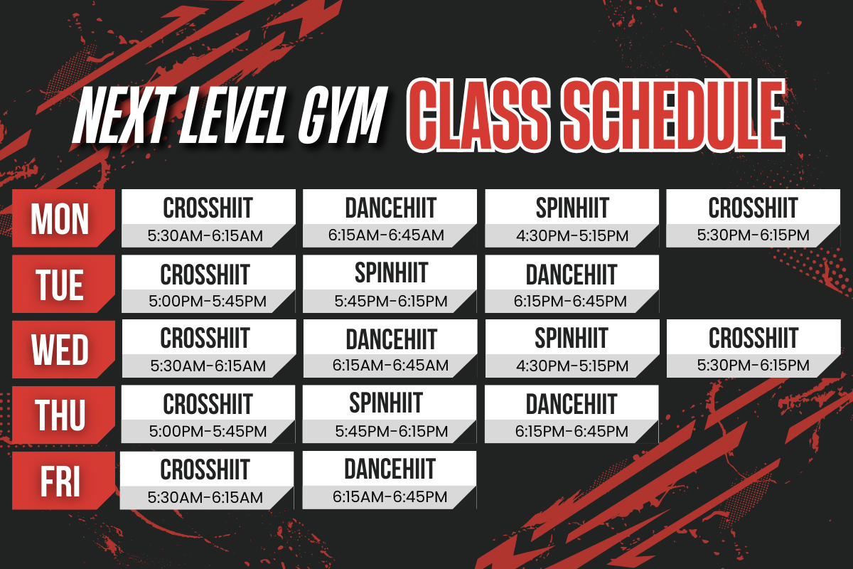 A next level gym class schedule is shown on a black background.