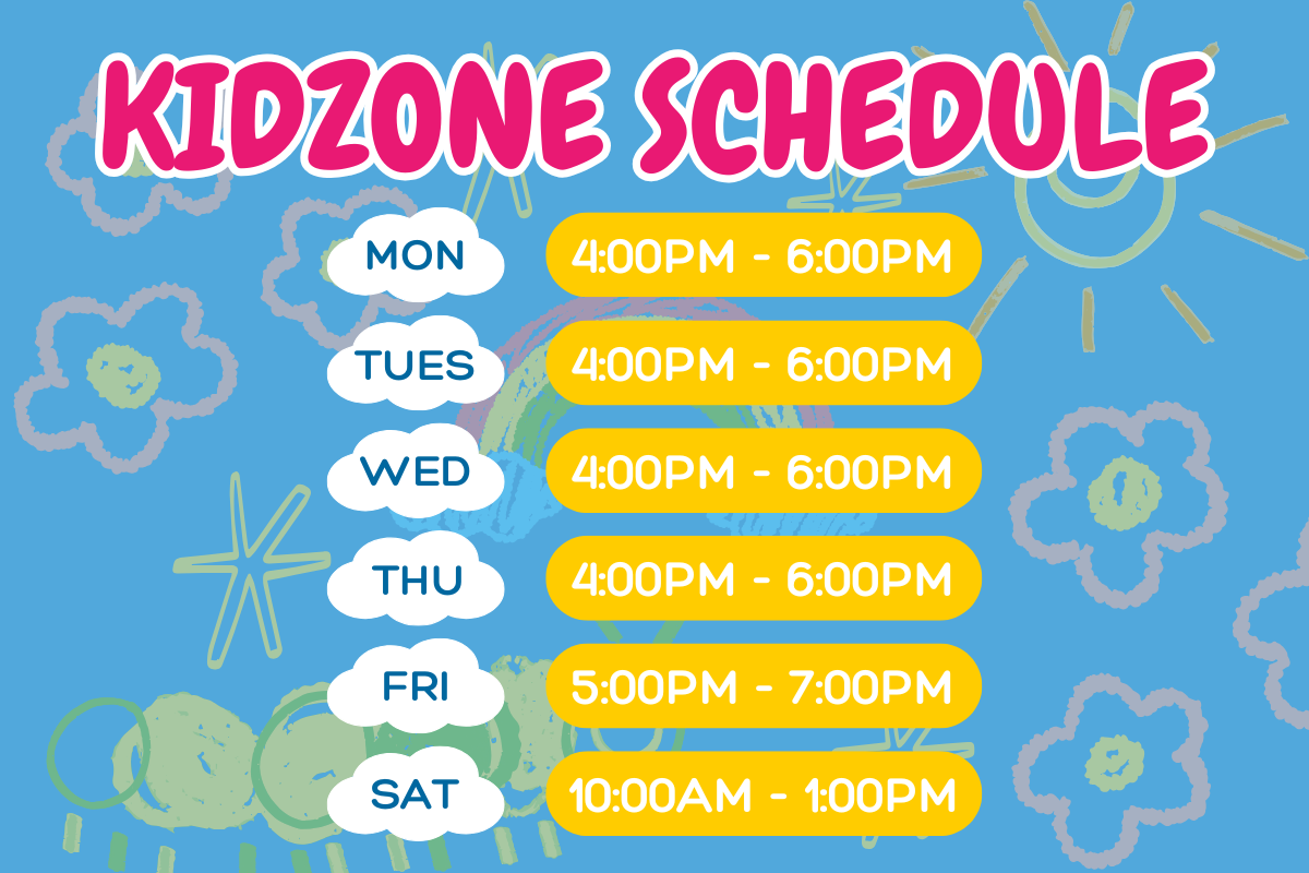A blue sign with a schedule for kidzone on it.