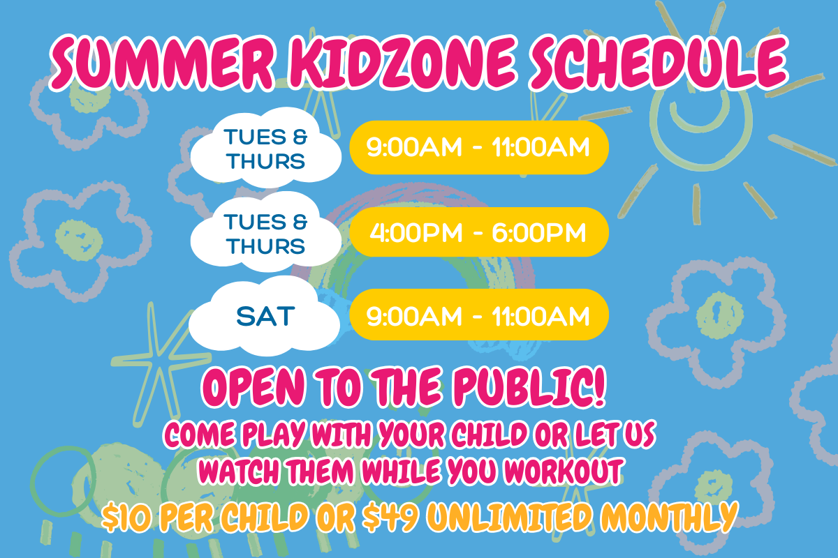 A blue sign with a schedule for kidzone on it.