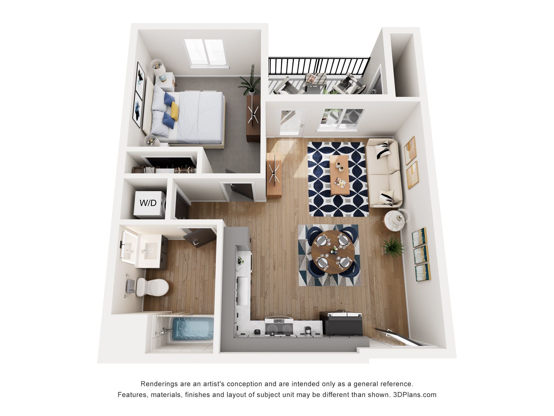 A 3d floor plan of a small apartment with a bedroom , living room , and bathroom.