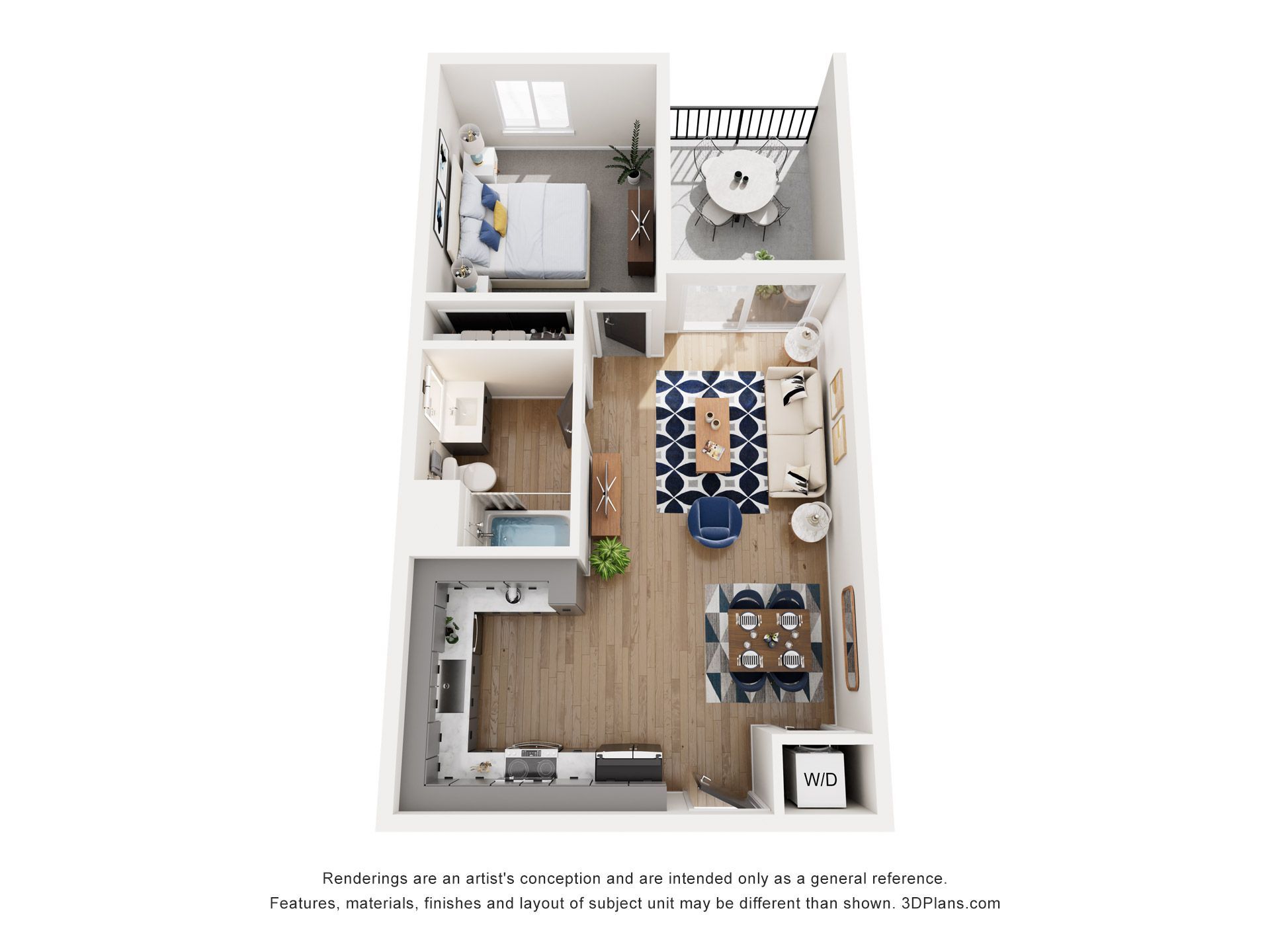 A 3d floor plan of a small apartment with a bedroom , living room , dining room , and bathroom.
