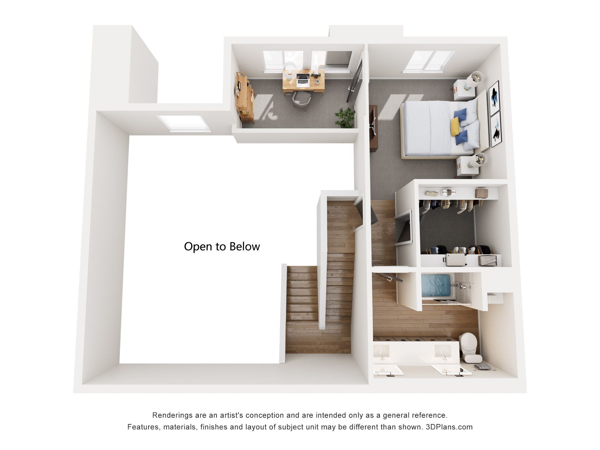 A 3d floor plan of a house with a bedroom , bathroom , and stairs.