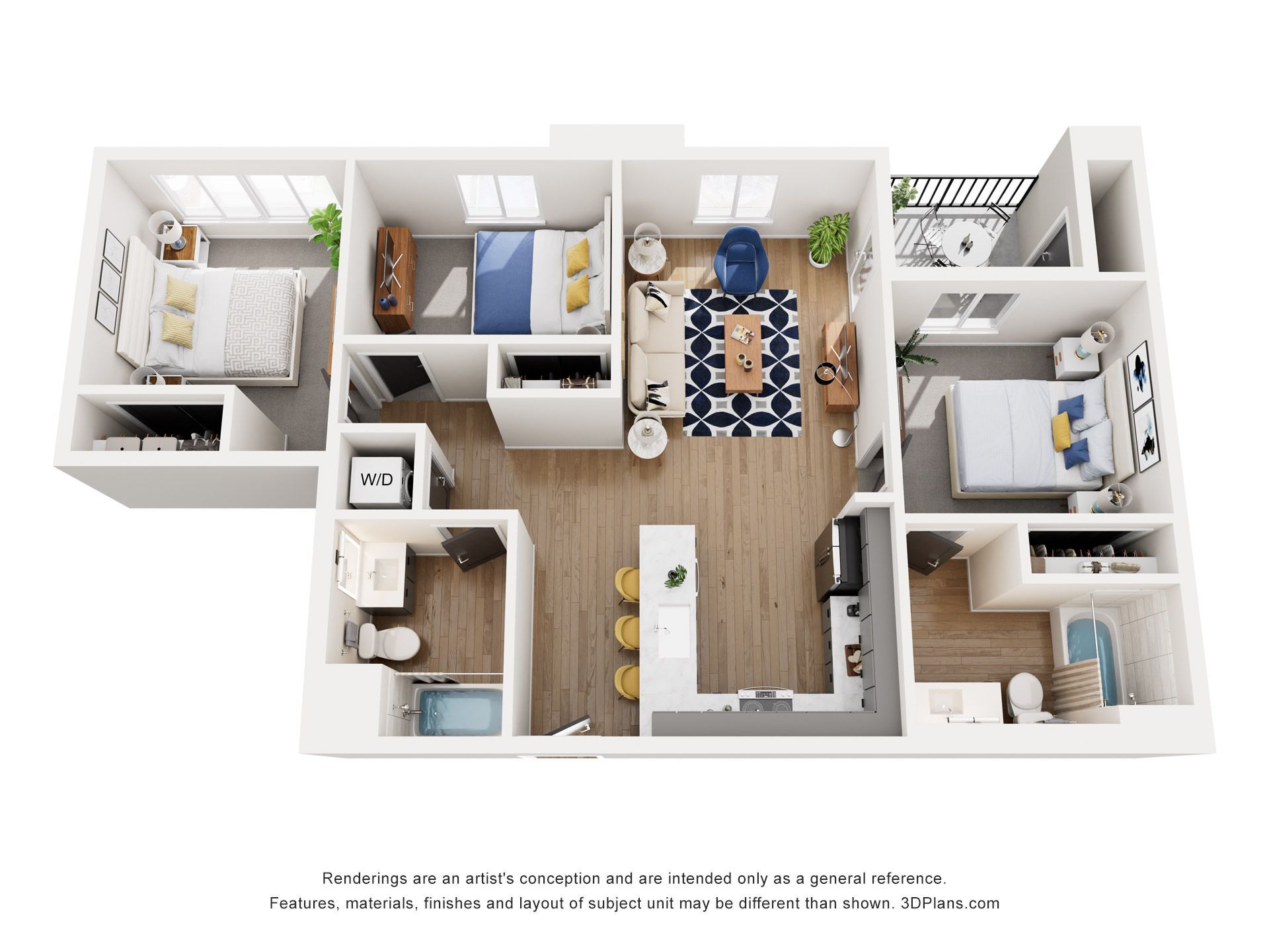 A 3d floor plan of a house with three bedrooms and a bathroom.