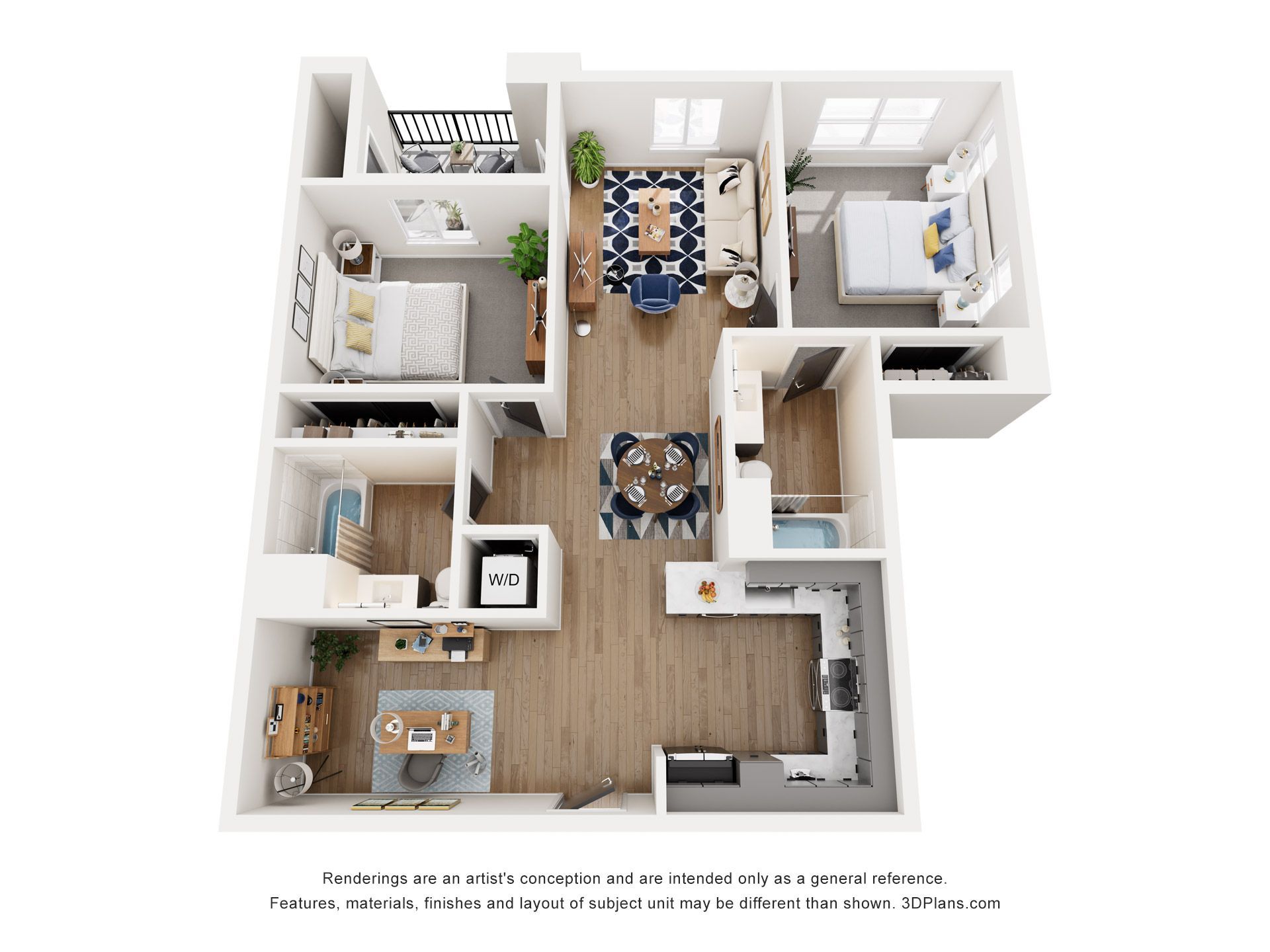 A 3d floor plan of a house with two bedrooms and a kitchen.