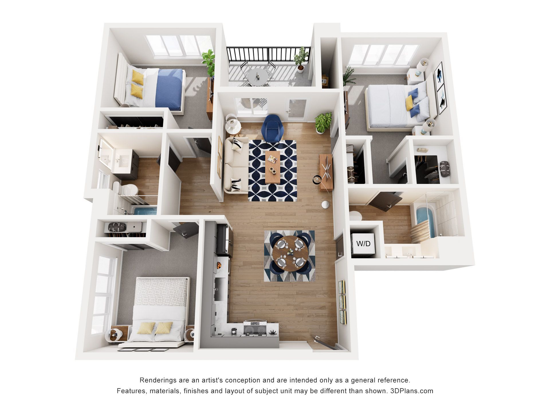 A 3d floor plan of a house with three bedrooms and a balcony.