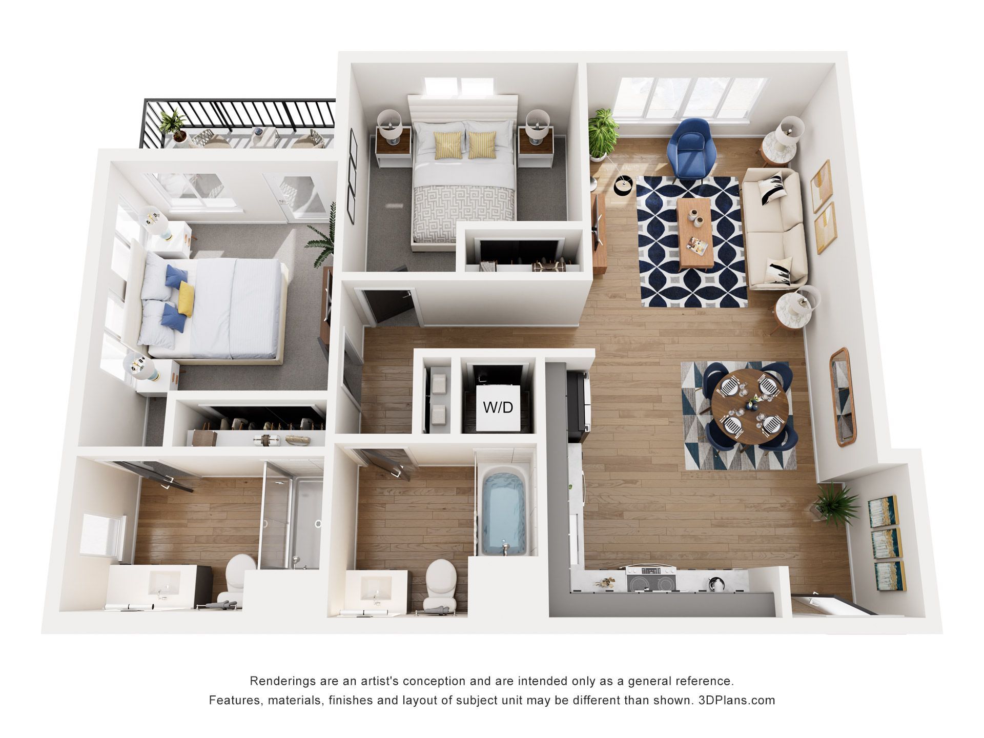 A 3d floor plan of a house with a bedroom , living room , and bathroom.