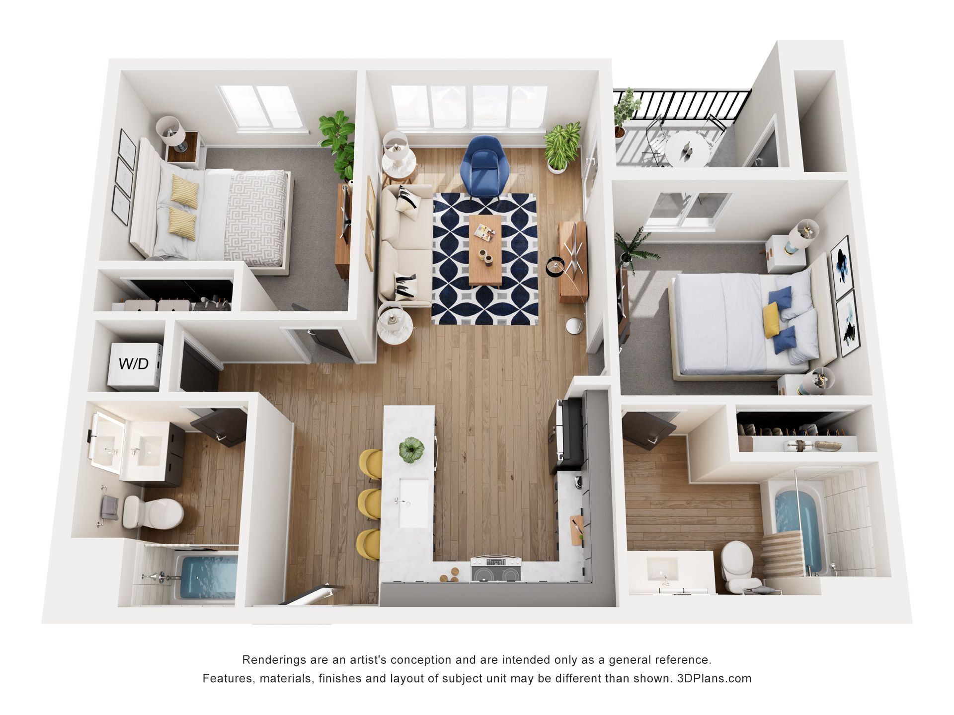 A 3d floor plan of a house with two bedrooms and a bathroom.