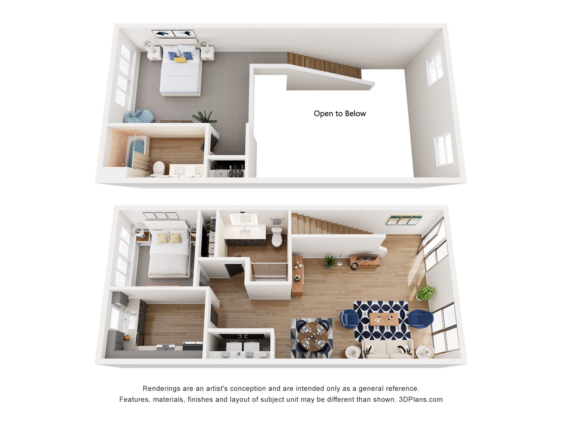 A 3d floor plan of a house with a bedroom and a loft.