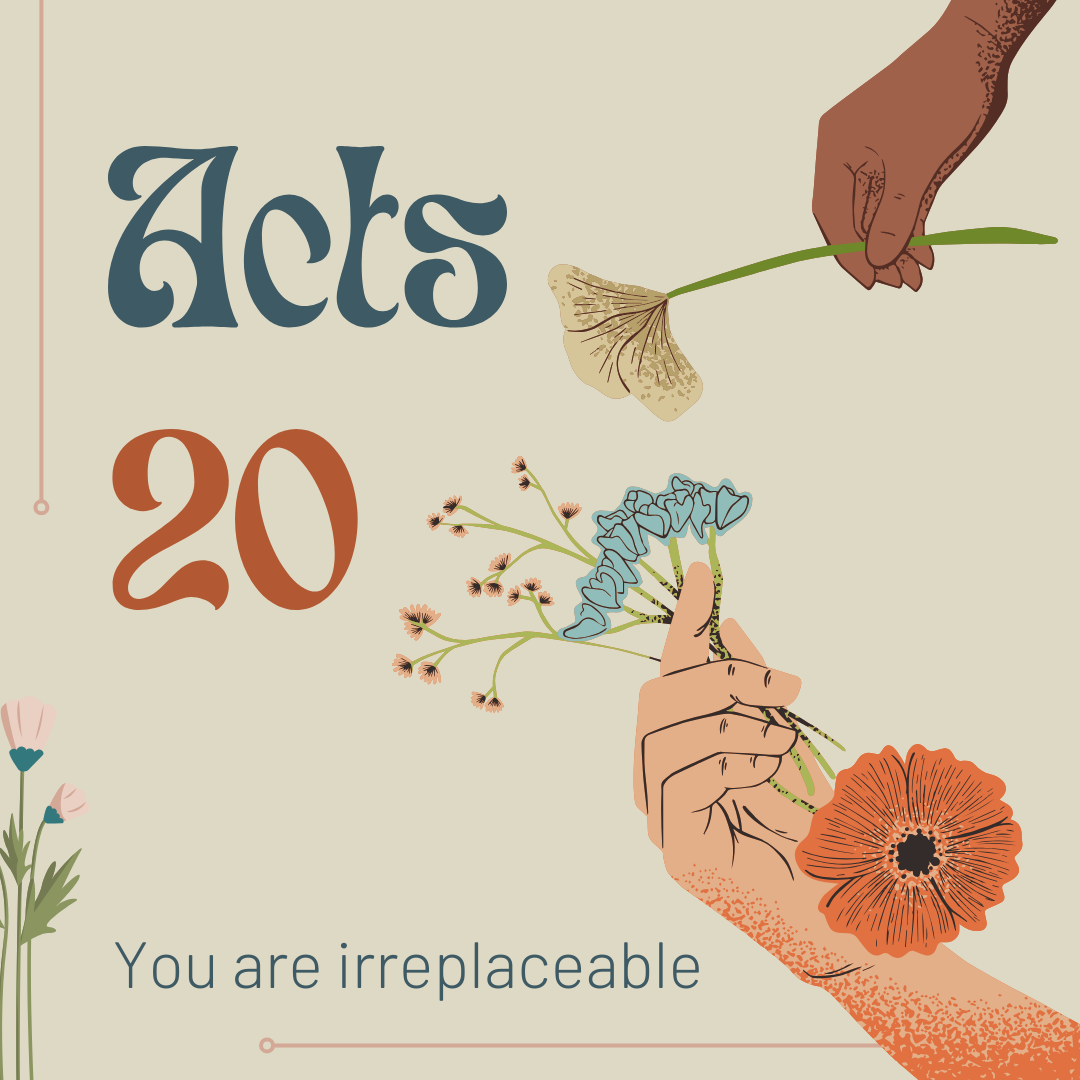 A poster that says acts 20 you are irreplaceable