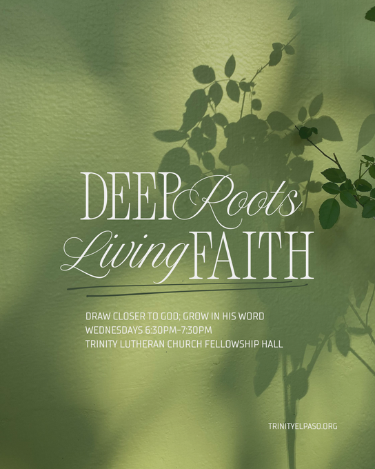 Green cover with sunlit plant shadows and the title “Deep Roots, Living Faith.”