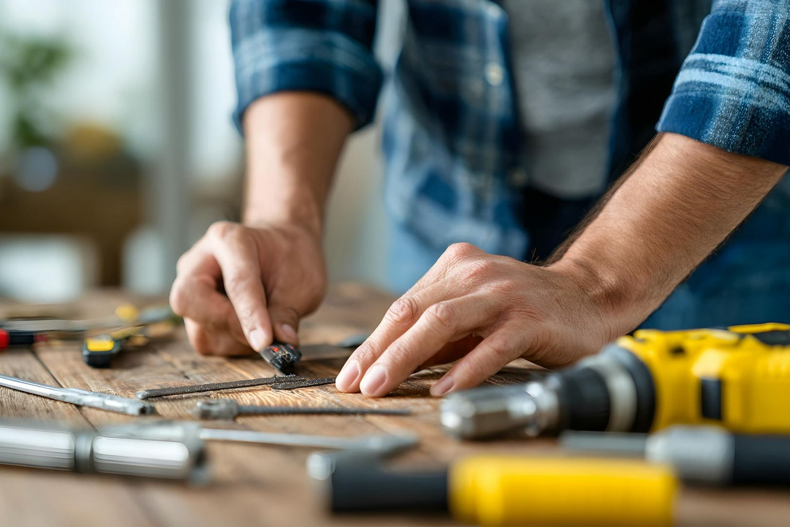 Hands working with tools on wood; detail of woodworking.