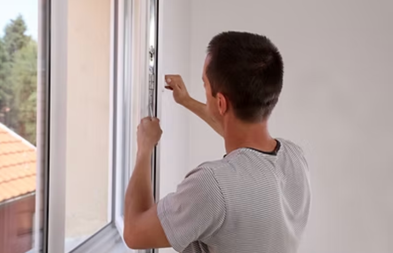 Construction workers on scaffolding, wearing hard hats and safety vests, working on a building.